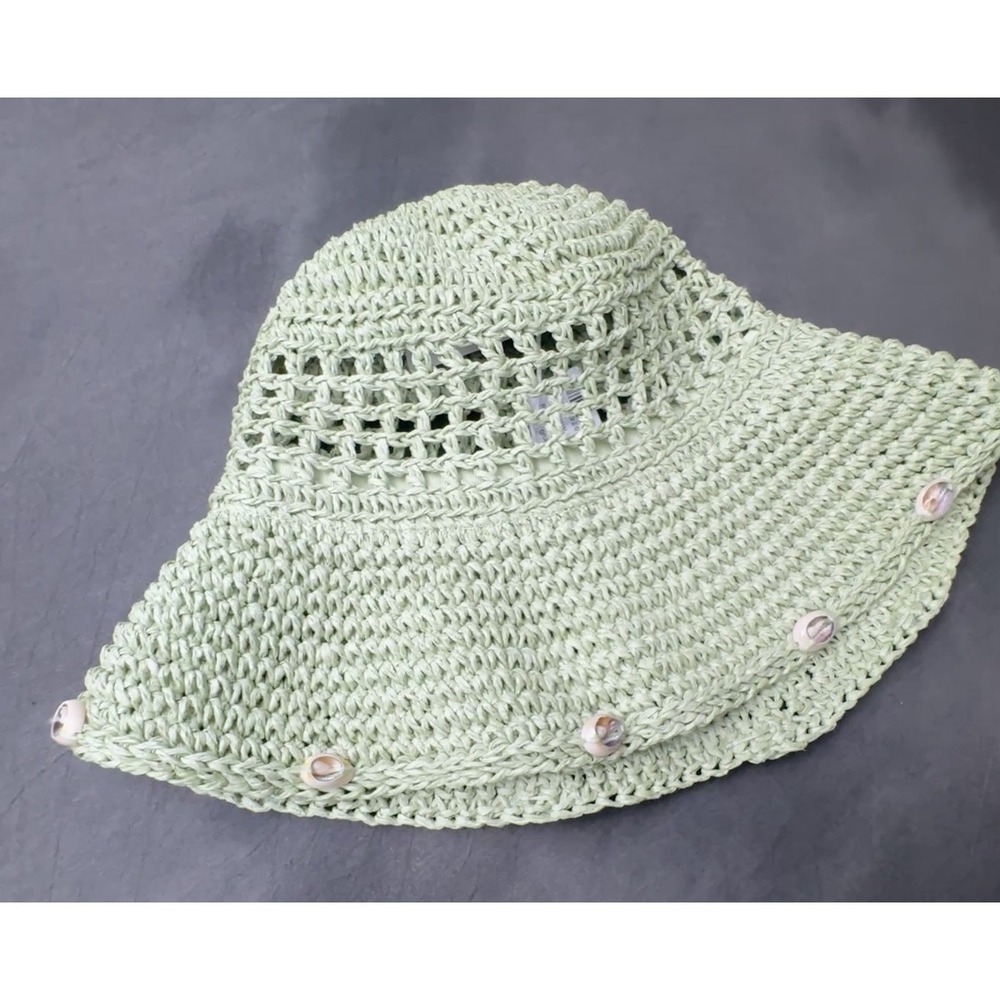 Zara NWT Shell Crochet Bucket Hat Sage Green Raffia Straw Boho Mermaidcore Med